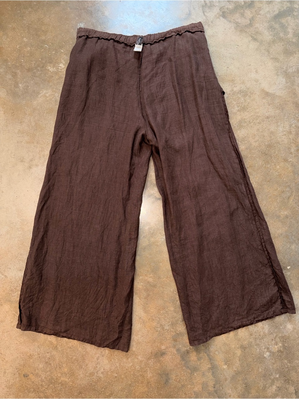 Linen Blend Wide Leg Pants Brown Elastic Waist Coastal Summer Relaxed Fit L - Picture 12 of 12